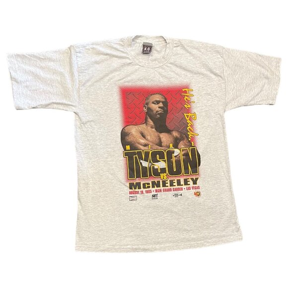 MIKE TYSON vs MCNEELEY “He’s Back’ T-Shirt MGM Grand K.O. Wear Vintage 1995 Sz L - Picture 1 of 8